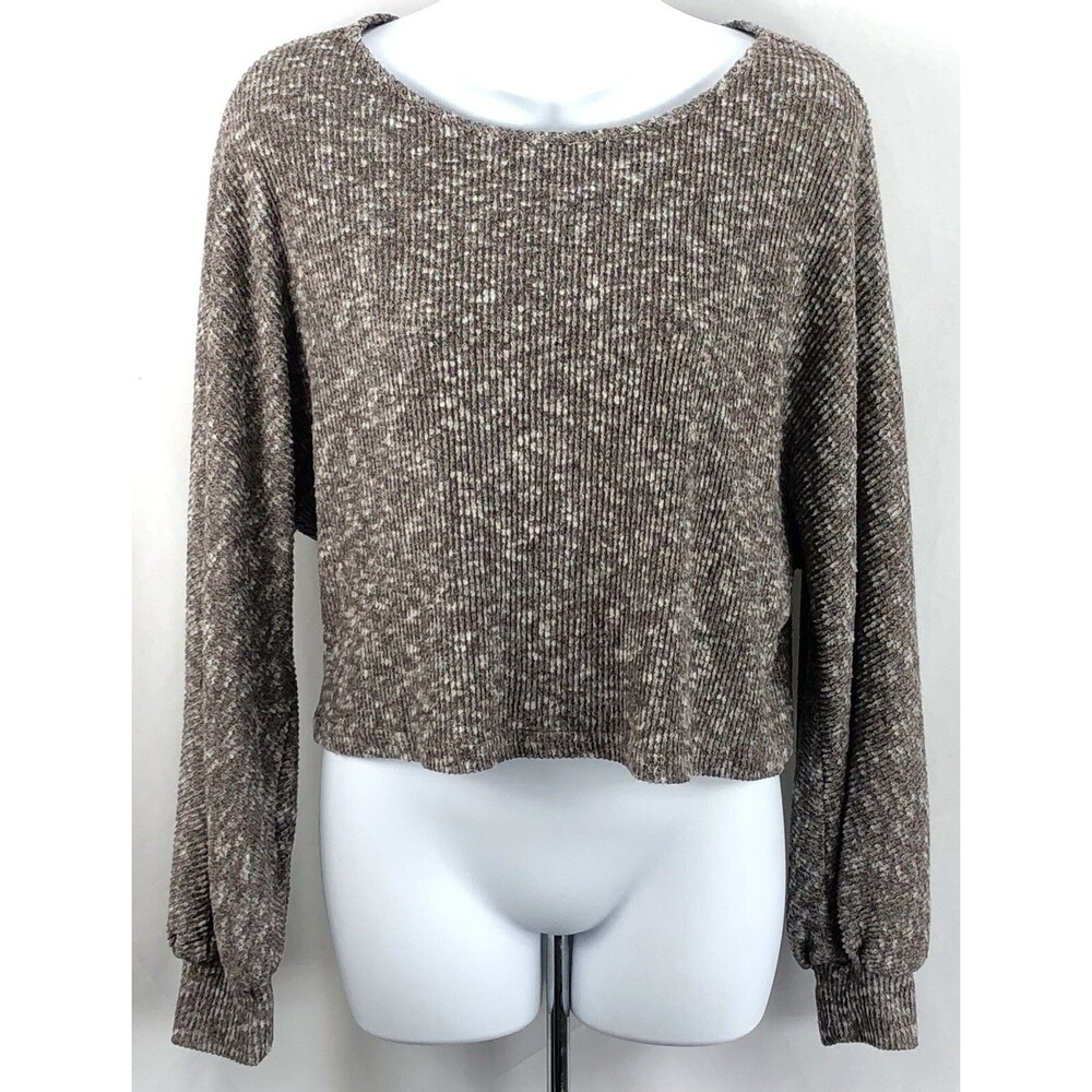 Cropped Knit Sweater S Gray Brown Boat Neck Dolman Long Sleeve Comfy
